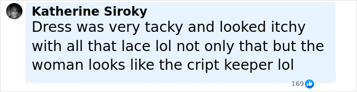 Comment criticizing a dress and comparing the woman&rsquo;s look to the crypt keeper in a social media post.