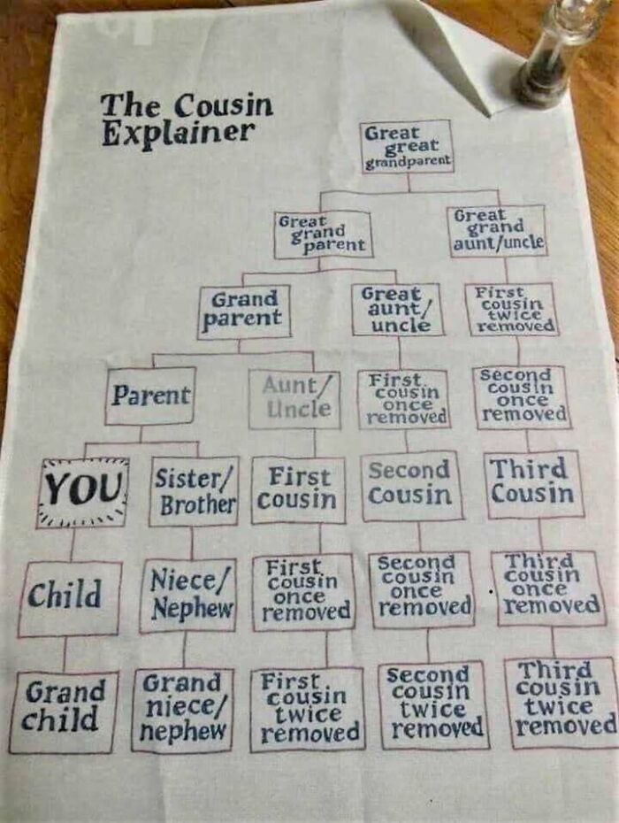 Infographic showing a detailed cousin explainer chart with family relationships and cousin removal levels.