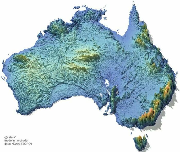 3D topographic infographic of Australia highlighting elevation and terrain features with detailed data visualization.