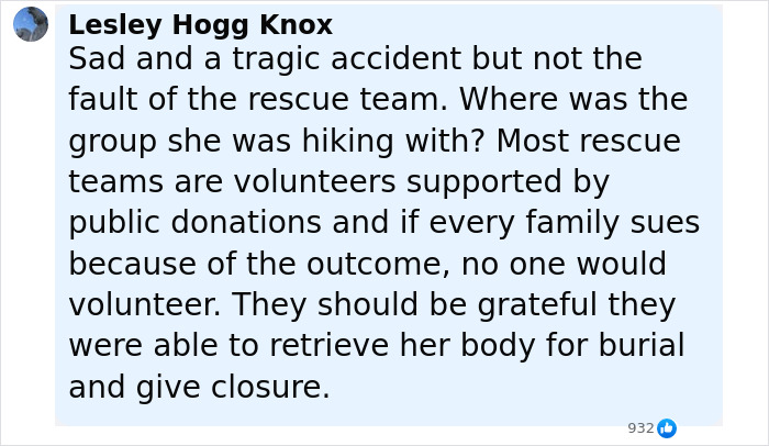 Comment expressing sympathy about the hiker abandoned inside active volcano and rescue team efforts discussed online.
