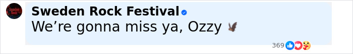 Social media post from Sweden Rock Festival mourning Ozzy Osbourne, highlighting family rifts after tribute snubs.