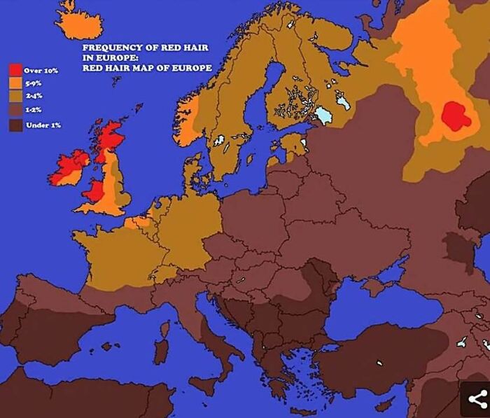 Map of Europe showing frequency of red hair by region with color-coded infographic data for perspective changes.