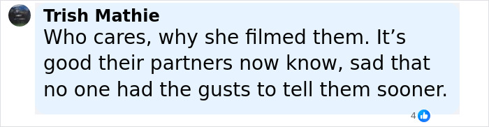 Comment from Trish Mathie discussing filming of viral Coldplay kiss cam cheating incident by woman who recorded CEO.