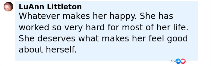 Comment from LuAnn Littleton expressing support and praising efforts related to Simone Biles plastic surgery speculation.