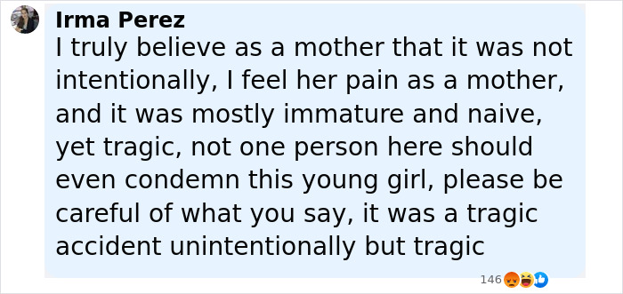 Screenshot of a comment expressing sympathy for a mother after her baby lost his life in a car incident. - 34