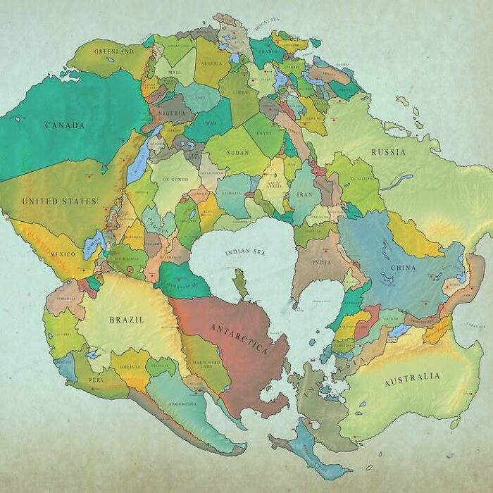 Upside-down world map infographic displaying countries and continents with vibrant colors for interesting infographics and data perspective.