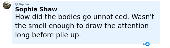 Comment from Sophia Shaw questioning how nearly 400 human bodies stacked in a building went unnoticed without smell detection. Comment from Sophia Shaw questioning how nearly 400 human bodies stacked in a building went unnoticed without smell detection.