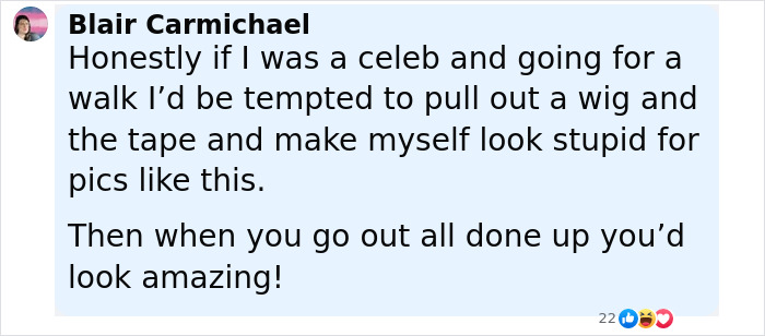 Comment by Blair Carmichael on celebrity transformation meme frenzy, discussing natural look and public appearance reactions.