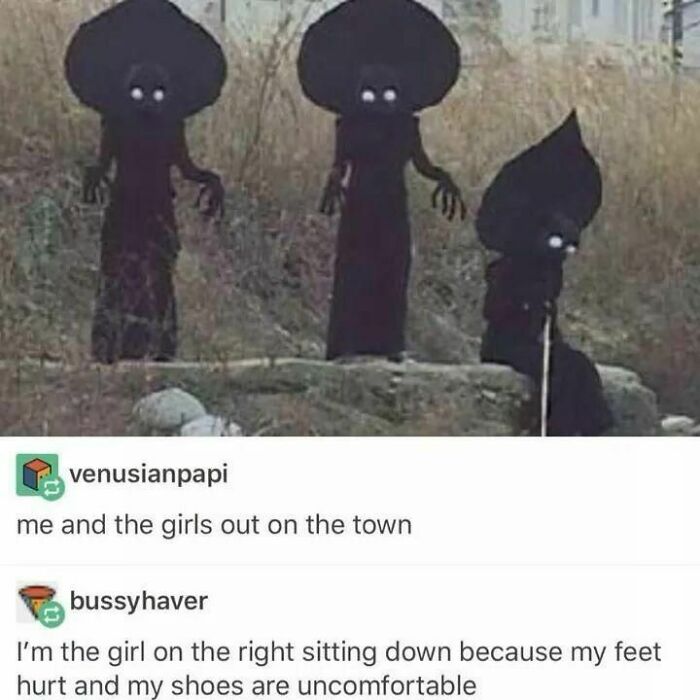 Three dark, abstract figures with glowing eyes outdoors, paired with a relatable Tumblr post about feet hurting on a night out.
