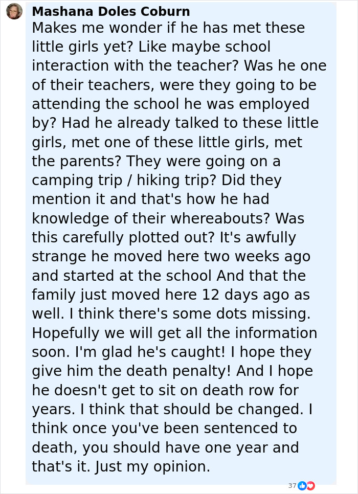 Alt text: Facebook comment discussing suspect nabbed in chilling Devil's Den case involving brutal slaying of couple while hiking with daughters - 13