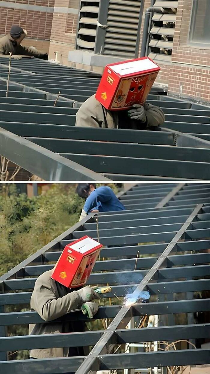 Worker welding steel beams with a red box on their head, showcasing hilariously dumb engineering mistakes.