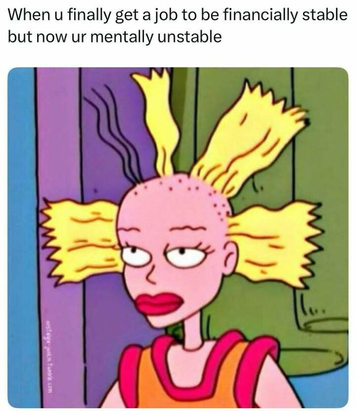 Cartoon character with wild hair and tired expression illustrating relatable mental health struggles meme.