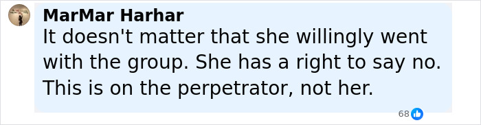 Comment stating a woman has the right to say no and placing accountability on the perpetrator, related to model with broken limbs. - 16