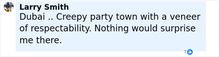 Comment by Larry Smith on Dubai roadside, mentioning creepy party town and veneer of respectability. - 21