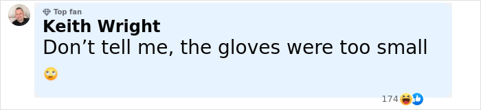 Comment from Keith Wright reacting to Diddy's trial with a sarcastic remark about glove size and an eye-rolling emoji.