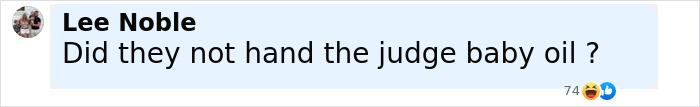 Comment text by Lee Noble saying Did they not hand the judge baby oil with reaction icons below, discussing Diddy's trial chaos.