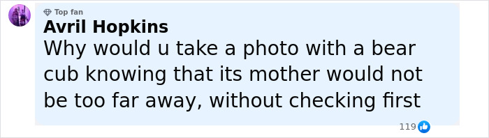 Comment from Avril Hopkins warning about taking a photo with a bear cub without checking for the mother nearby.