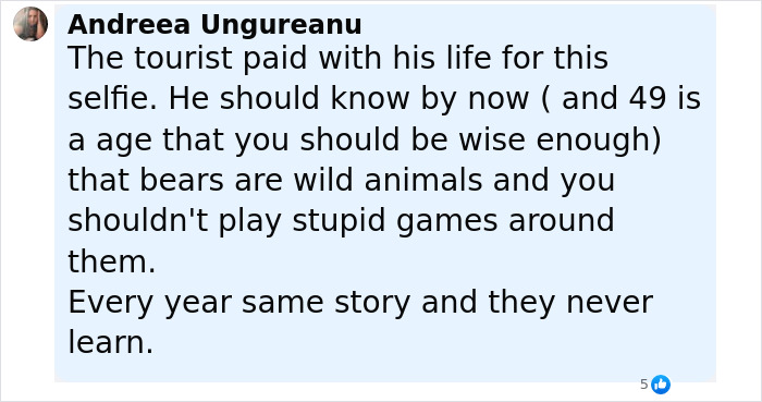 Comment warning about tourist ignoring warnings leading to bear dragging him off cliff after selfie attempt with cub.