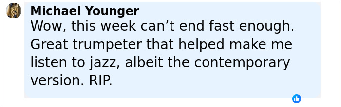 Comment by Michael Younger reflecting on the legendary jazz musician's impact following his passing at age 84. - 20