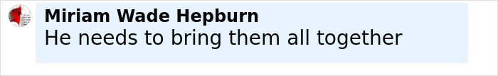 User comment by Miriam Wade Hepburn stating he needs to bring them all together, referencing Prince Harry snubbed by King Charles. User comment by Miriam Wade Hepburn stating he needs to bring them all together, referencing Prince Harry snubbed by King Charles.