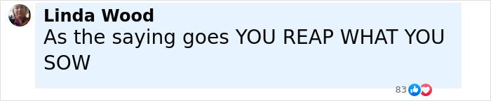 Comment by Linda Wood stating "As the saying goes YOU REAP WHAT YOU SOW" reacting to Prince Harry snubbed by King Charles. Comment by Linda Wood stating "As the saying goes YOU REAP WHAT YOU SOW" reacting to Prince Harry snubbed by King Charles.