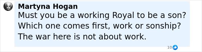 Comment by Martyna Hogan questioning the priority of royal duties versus family ties amid Prince Harry and King Charles tensions. Comment by Martyna Hogan questioning the priority of royal duties versus family ties amid Prince Harry and King Charles tensions.