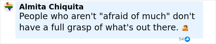 Comment by Almita Chiquita discussing fear and understanding of the outdoors in a social media post.