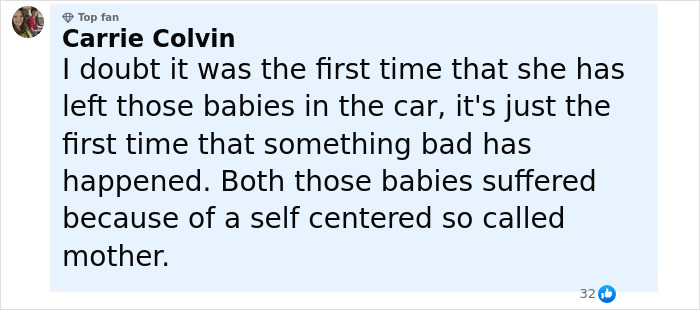Comment from Carrie Colvin expressing outrage over babies left in a car by a self-centered mother causing tragedy. Comment from Carrie Colvin expressing outrage over babies left in a car by a self-centered mother causing tragedy.