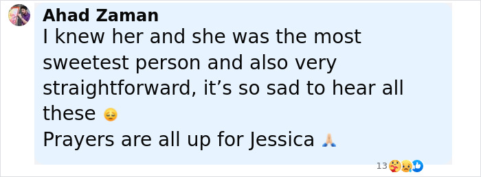 Comment by Ahad Zaman expressing sadness and prayers for Jessica, 7-Eleven worker who passed away after manager sat on her.