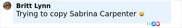 Comment by Britt Lynn about trying to copy Sabrina Carpenter, displayed in a social media interface.