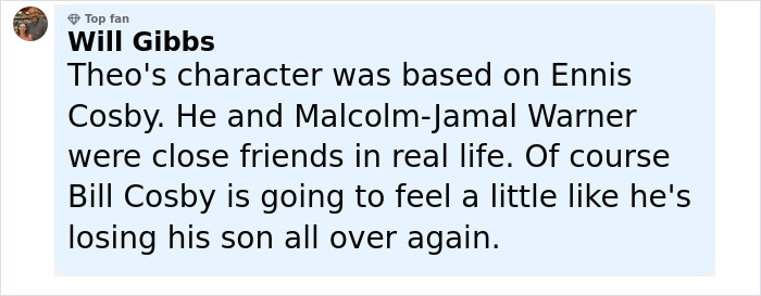 Screenshot of a comment discussing Bill Cosby’s reaction after Malcolm-Jamal Warner’s tragic accident. - 20