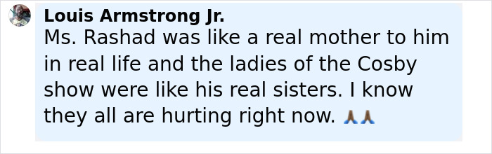 Comment from Louis Armstrong Jr. expressing sympathy amid Bill Cosby and Malcolm-Jamal Warner tragedy. - 21