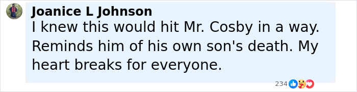 Facebook comment from Joanice L Johnson expressing sympathy and mentioning Bill Cosby reacting to Malcolm-Jamal Warner's accident. - 17
