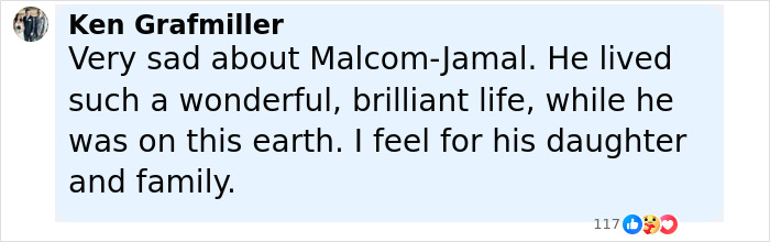 Comment expressing sadness about Malcolm-Jamal Warner's tragic accident and condolences to his family. - 18