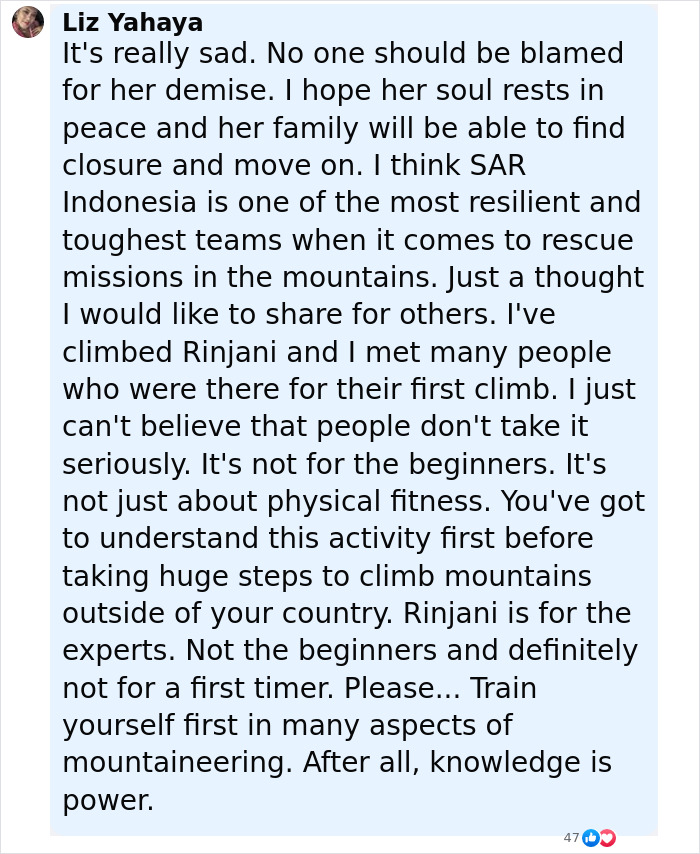 Comment expressing sadness over tourist's demise, highlighting mountain rescue challenges and mountaineering knowledge importance.