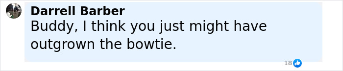 Comment from Darrell Barber saying he might have outgrown the bowtie, referencing Young Sheldon child star now 17.