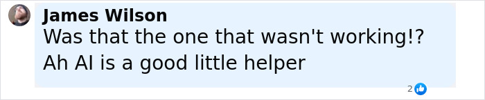 Comment by James Wilson expressing surprise and praising AI as a helpful tool in a casual online chat.