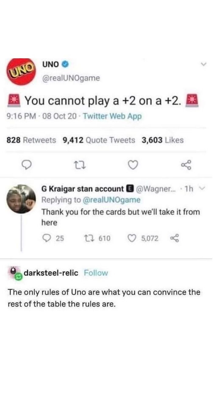 Screenshot of a Tumblr post and Twitter replies discussing funny and relatable UNO game rules and gameplay moments.