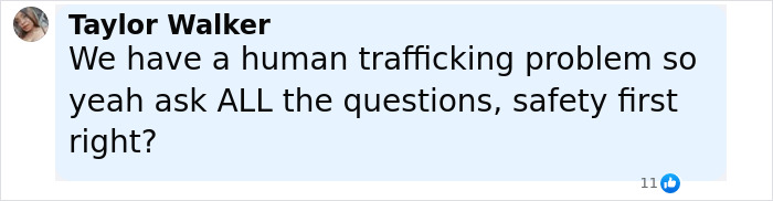 Social media comment by Taylor Walker discussing human trafficking concerns and safety during questioning.