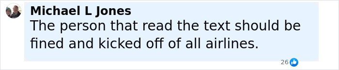 Comment by Michael L Jones expressing that the person who read seat neighbor's text should be fined and removed from all airlines.