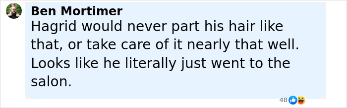 Comment from Ben Mortimer criticizing Hagrid's hair styling in the upcoming Harry Potter series, suggesting it looks too polished.