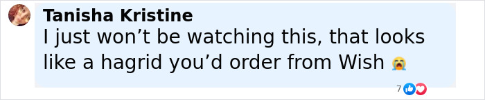 Comment by Tanisha Kristine criticizing Hagrid's first look in the upcoming Harry Potter series with a crying emoji.