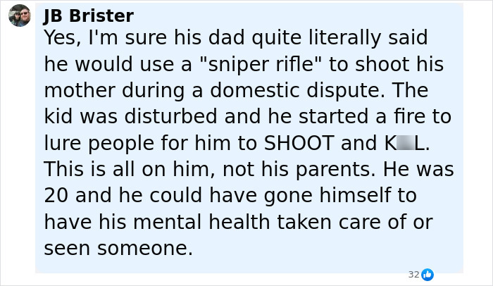 Comment by JB Brister discussing Idaho teen sniper&rsquo;s Instagram story revealing motive before shooting firefighters.