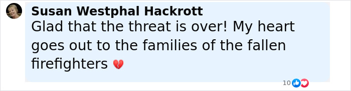 Susan Westphal Hackrott expressing relief and sympathy for fallen firefighters in a comment related to Idaho teen sniper incident.