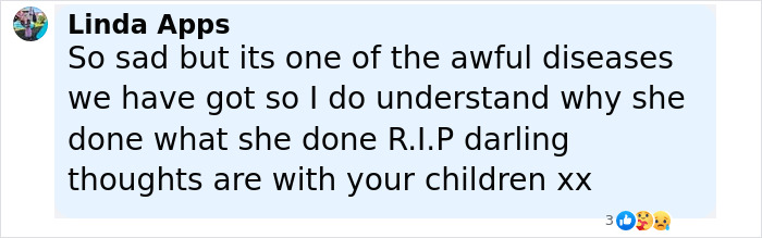 Alt text: Comment expressing sympathy after woman ended her own life by starving, highlighting support group breaking silence.