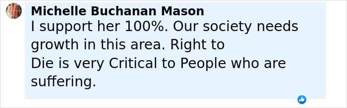 Screenshot of a Facebook comment supporting right to die and highlighting need for societal growth in mental health discussions.