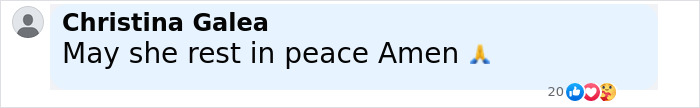 Comment from Christina Galea expressing rest in peace and praying emoji on a social media post about support group break silence.