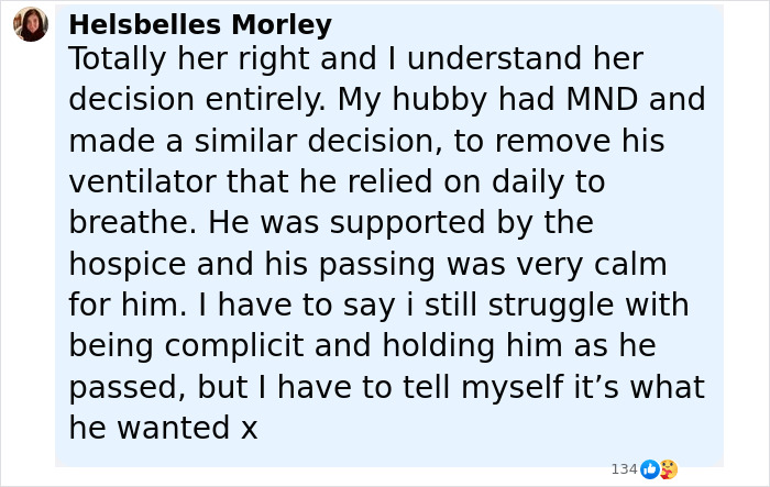 Comment from Helsbelles Morley discussing support group reaction after woman ended her own life by starving to death.