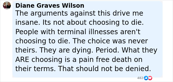 Comment from Diane Graves Wilson discussing pain-free death and choice, reflecting on support group's silence after woman ended life by starving.