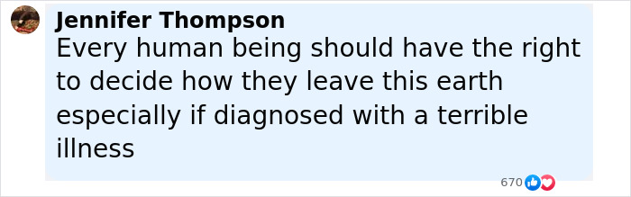 Comment from Jennifer Thompson expressing views on the right to choose end-of-life decisions amid illness, support group response
